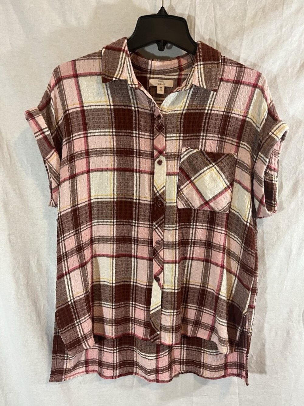 Como Vintage Women’s Medium Pink Plaid Button Up Rayon Blend Blouse